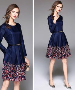 フレア | フレアワンピース レディース 大きいサイズ 膝丈ワンピース 長袖ワンピ 花柄 丸ネック 大人 二次会 パーティー フェミニン