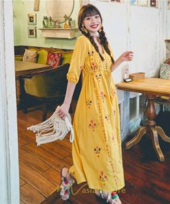 マキシ | ロング丈ワンピース レディース 花柄 Aライン 七分袖 ロング丈 ゆるシンプル きれいめ Vネック カジュアル 細見え 白 リゾート 黄色 上品 華やか 旅行