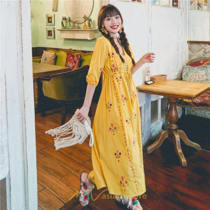 マキシ | ロング丈ワンピース レディース 花柄 Aライン 七分袖 ロング丈 ゆるシンプル きれいめ Vネック カジュアル 細見え 白 リゾート 黄色 上品 華やか 旅行