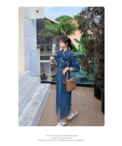 マキシ | デニムワンピース 秋 レディース ジャケット 羽織り ワンピース 長袖 腰着痩せ 女性美シルエット デニム 30代40代50代 ロング丈 オフィス 無地 秋コーデ