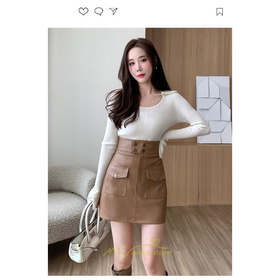 スカート | ミニレディース レザー タイトハイウエスト ポケット インナーパンツ付き ハイウエスト 韓国ファッション フェイクレザー