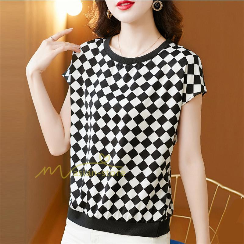 tシャツ・カットソー | Tシャツ トップス レディース 白トップス 40代 春夏 上品 半袖Tシャツ ブラウス カジュアル 韓国風 通勤 50代 ゆったりTシャツ カットソー 30代 チェック柄 OL