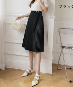 スカート | プリーツひざ下 きれいめ 上品 ハイウェスト スリット Aライン デート 黒 きれい 着痩せ 通勤 OL オシャレ ビジネス 春夏秋冬 脚長効果 オフィス