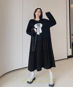 マキシ | 切り替えワンピース 長袖ワンピース 大きいサイズ ゆったり 体型カバー 黒ワンピース プリント ちょう 30代50代 かわいい 秋物 大人40代 レディース