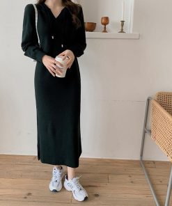 ニットワンピース | ワンピース 秋冬 リブニット ロングワンピース ミモレ丈 無地 フード付き 帽子 ストレッチ 大人 長袖 セーター 50代 20代30代 アウター 大人