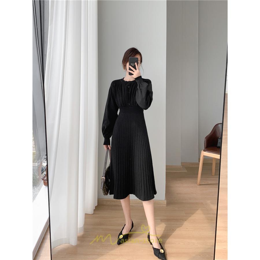 ニットワンピース | レディース 冬 きれいめ ロング おしゃれ 秋冬 長袖 送料無料 着痩せ 無地 通勤 提灯袖 可愛い パフスリーブ 20代30代40代50代