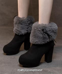 ブーツ | ショートレディース 10cmハイヒール ファー 冬用 保温防寒 太めヒール サイドジッパー スエード調 痛くない 冬靴 オシャレ 歩きやすい 痛くない