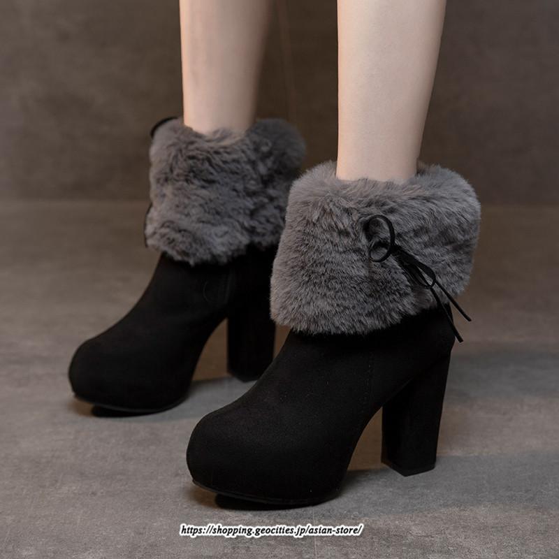 ブーツ | ショートレディース 10cmハイヒール ファー 冬用 保温防寒 太めヒール サイドジッパー スエード調 痛くない 冬靴 オシャレ 歩きやすい 痛くない
