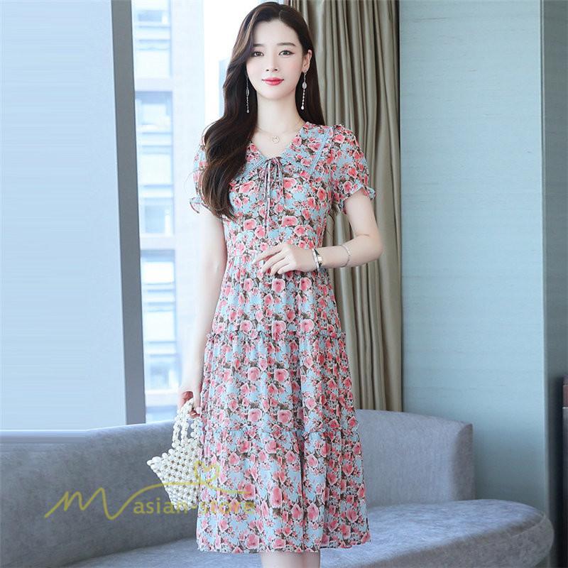 ミディアム | ワンピース レディース Aライン カジュアル Vネック サマー 半袖 ひざ丈 ミディアムワンピース 大きいサイズ 上品 花柄 着痩せ サマーワンピース 夏服