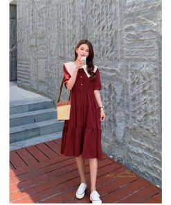 ミディアム | Aラインワンピース レディース 半袖 ロングワンピース ドールカラー ガーリー バイカラー きれいめ カジュアル ファッション 着痩せ 30代 20代 女性着 半袖