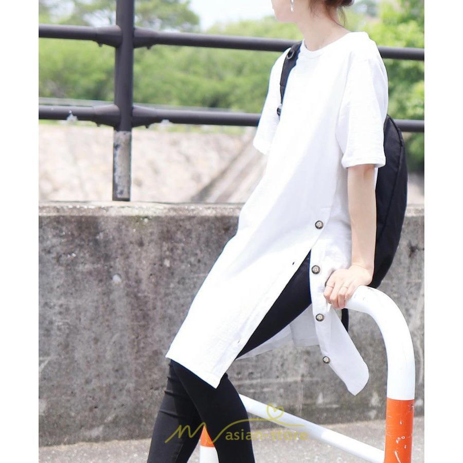 tシャツ・カットソー | Tシャツ レディース 半袖 ロングt 綿 ワンピース 無地 ラウンドネック トップス 麻 夏 ゆったり リラックス サイドスリット 20代30代 ロング丈 40代50代 可愛い