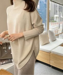 ニット・セーター | ニット レディース 秋冬 厚手 トップス セーター 秋服コーデ 長袖 ブランド裾 不規則 スリット ゆったり ニットセーター 大人 上品 ハイネック 無地 30代