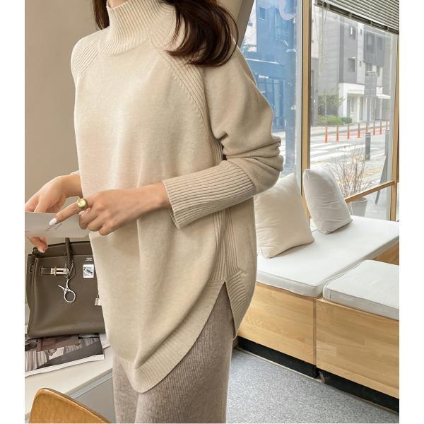 ニット・セーター | ニット レディース 秋冬 厚手 トップス セーター 秋服コーデ 長袖 ブランド裾 不規則 スリット ゆったり ニットセーター 大人 上品 ハイネック 無地 30代