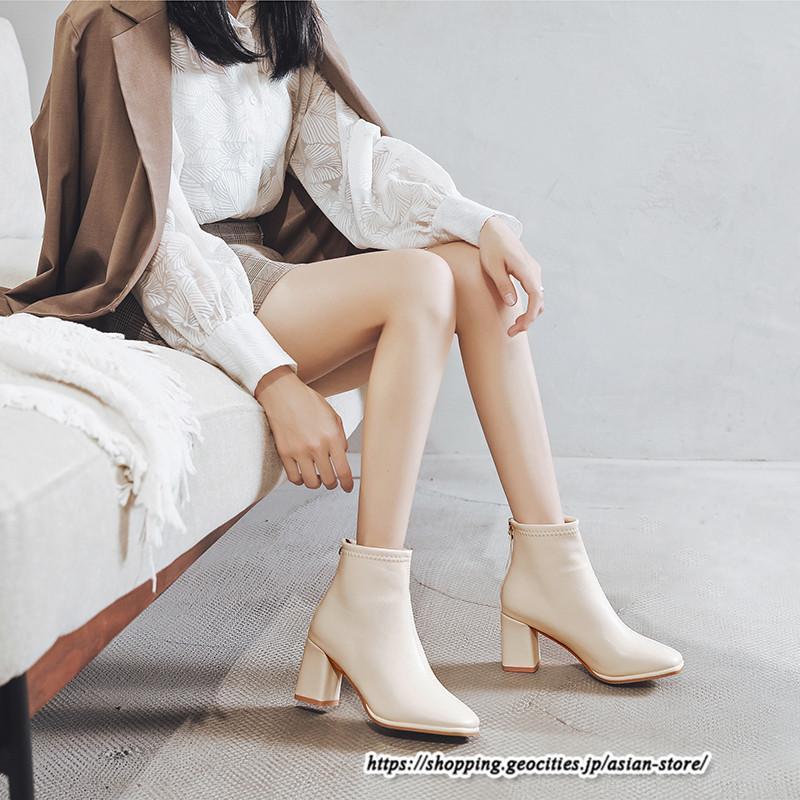 ショートブーツ | レディース 裏起毛あり 裏起毛なし スクエアトゥ ブーツ チャンキーヒール 太ヒール 後ろファスナー ミドルヒール 大人 靴 シューズ 黒ブーツ