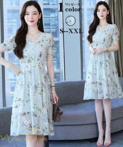 ミディアム | ワンピース レディース ミディアムワンピース 花柄 夏服 Aラインワンピース 上品 ミディアム丈 お出かけ 20代 30代 カジュアル 40代 エレガント 膝丈 Vネック