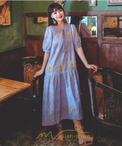 マキシ | ロングワンピース 夏秋 レディース 五分袖 普段着 同窓会 細見せ ハイウエスト コットン レース Aライン 白 紫 刺繍 Vネック キャンプ 旅行 上品 鎖骨 華奢魅せ