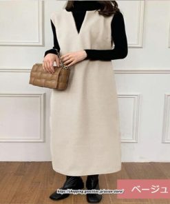 マキシ | ワンピース ジャンパースカート ジャンスカ 深Vネック ロングワンピース Vネック 】 ウール混深Vネックジャンスカ スリット入り【