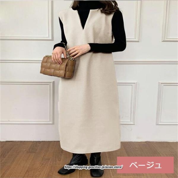 マキシ | ワンピース ジャンパースカート ジャンスカ 深Vネック ロングワンピース Vネック 】 ウール混深Vネックジャンスカ スリット入り【