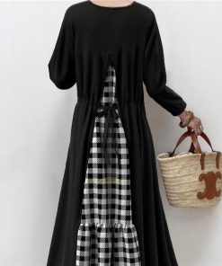 マキシ | ロングワンピース 秋冬ワンピース チェックワンピース 切り替え フェイク レイヤード風 レディース 後ろリボン付き 秋冬服 秋服 秋服春 30代40代50代 秋物