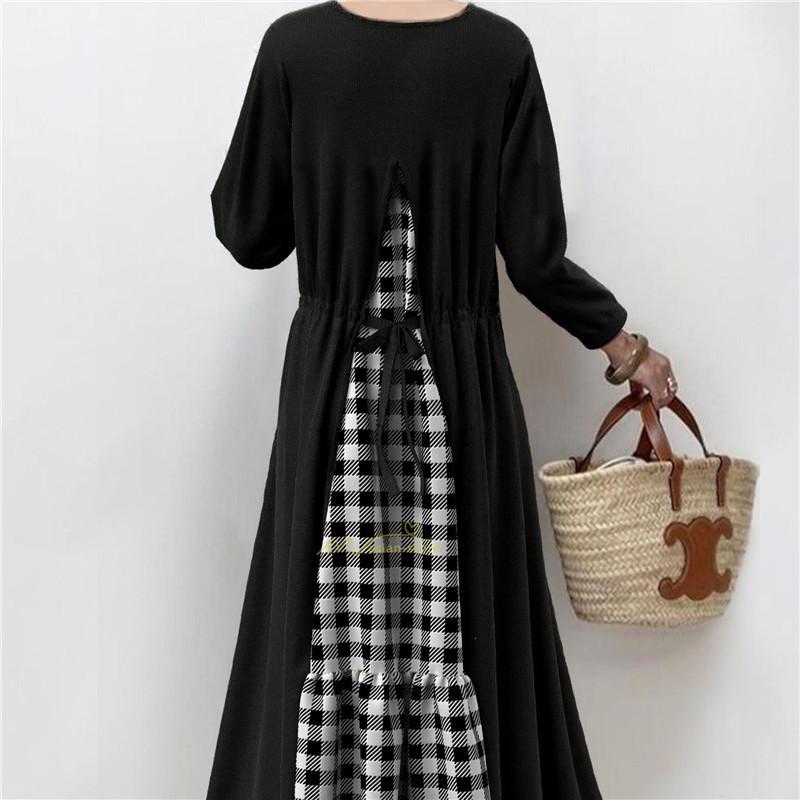 マキシ | ロングワンピース 秋冬ワンピース チェックワンピース 切り替え フェイク レイヤード風 レディース 後ろリボン付き 秋冬服 秋服 秋服春 30代40代50代 秋物