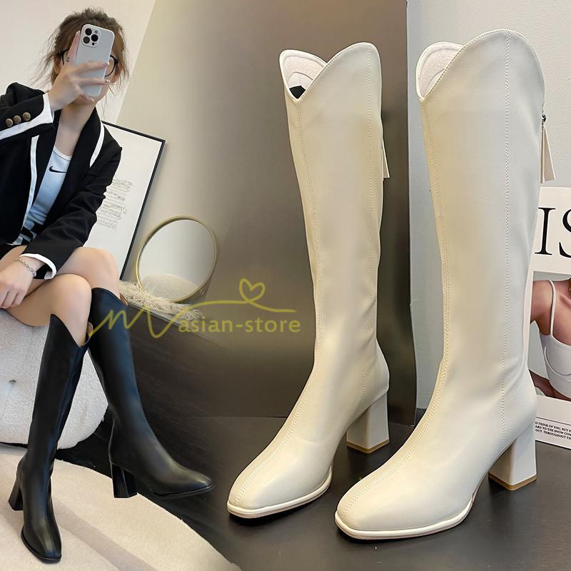ロングブーツ | レディース ブーツ 秋冬 シューズ 靴 太ヒール チャンキーヒール 合皮ブーツ PUブーツ ロング靴 後ろファスナー COS くつ 大人 コスプレ