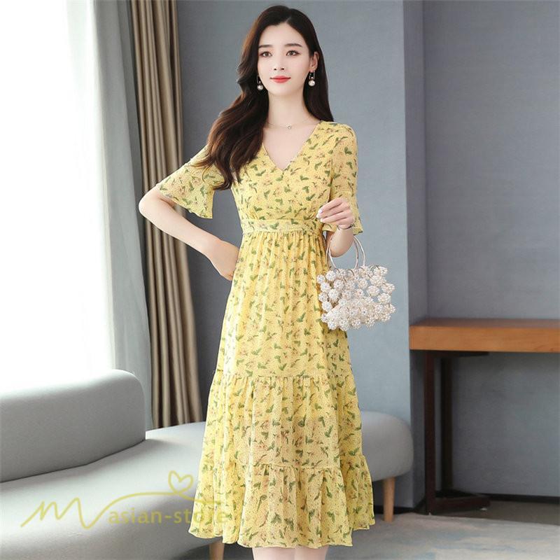 ミディアム | ワンピース Aライン レディース 着痩せ 上品 カジュアル Vネック カジュアル 春 夏 花柄 きれいめサマー ワンピース 通勤 通学 ソフト 膝丈 大人 お出かけ
