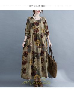 マキシ | ワンピース 夏秋 長袖 コットン お出かけ 長め丈 花柄 フラワー 大きいサイズ ロング丈 ロングワンピ ぽっちゃり 快適 お洒落 着痩せ 2022新作 華奢見え