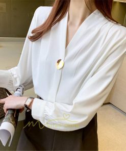 シャツ・ブラウス | ブラウス レディース 長袖ブラウス 春秋 オフィスブラウス 白vネック オシャレブラウス シフォントップス 韓国風 大人 上品 40代 ゆったりシャツ 通勤OL 50代
