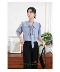 シャツ・ブラウス | シフォンブラウス 半袖 レディース シフォン ブラウス 白 青 フォーマル 開襟 服 バブルスリーブ 蝶結び 着痩せ 春 韓国風 通勤 おしゃれ 女性 上品 夏