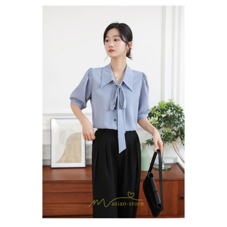 シャツ・ブラウス | シフォンブラウス 半袖 レディース シフォン ブラウス 白 青 フォーマル 開襟 服 バブルスリーブ 蝶結び 着痩せ 春 韓国風 通勤 おしゃれ 女性 上品 夏
