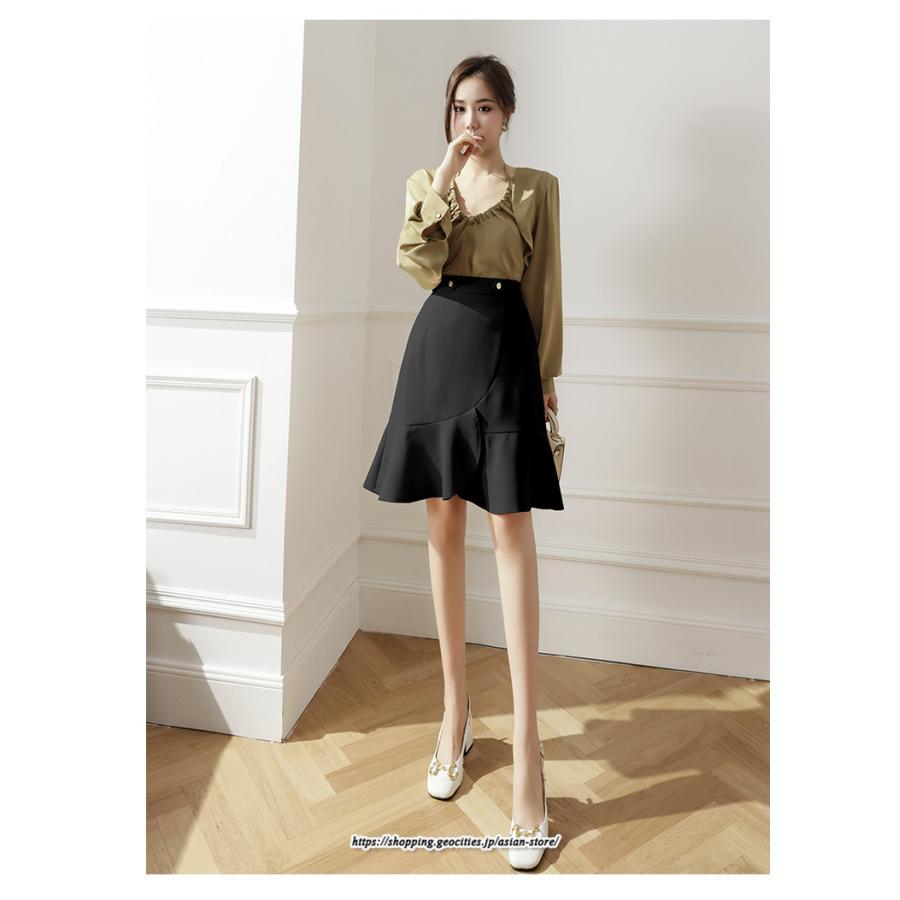 スカート | レディース ミニ膝上 マーメイド着痩せ フェミニン 優雅 上品 フリル 2022新作 韓国風 秋冬コーデ キレイめ 通勤 オシャレ 通学