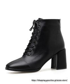 ショートブーツ | レディース 裏起毛なし 裏起毛あり スクエアトゥ ブーツ チャンキーヒール 太ヒール シューズ ハイヒール レースアップ 後ろファスナー 靴