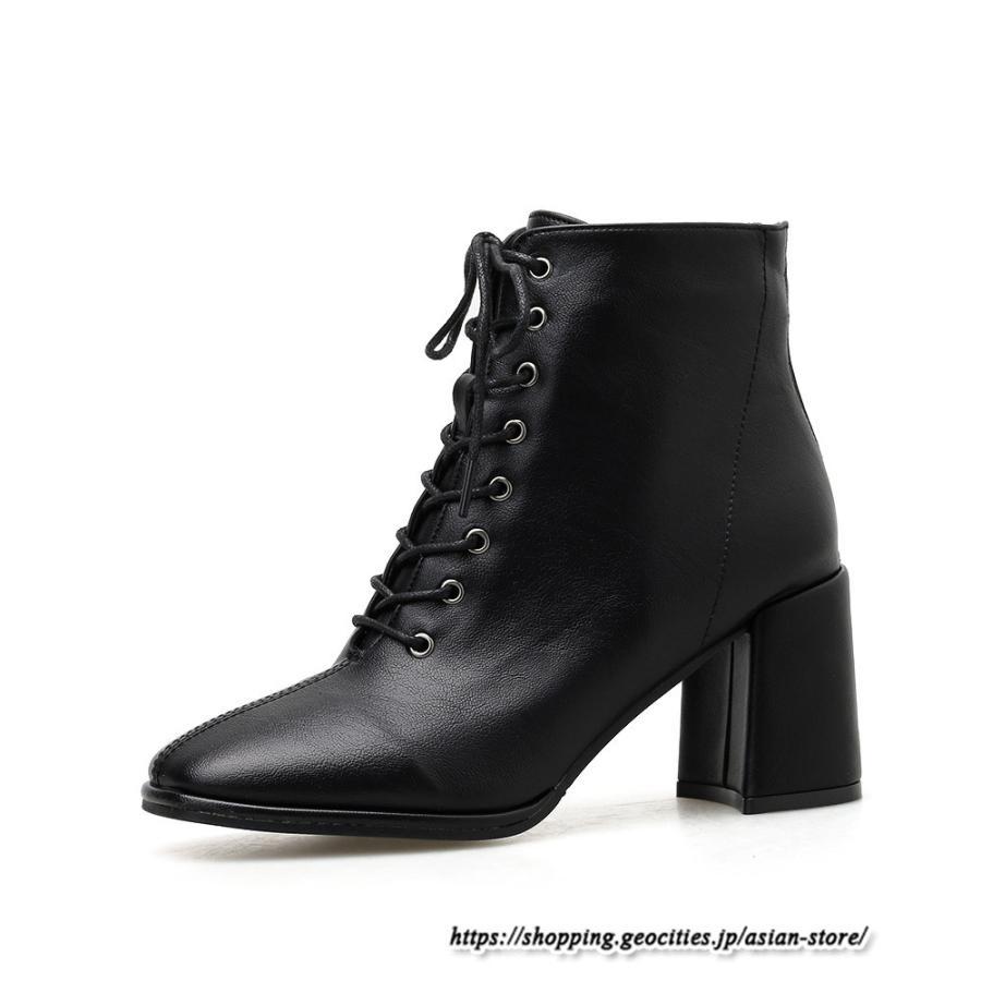ショートブーツ | レディース 裏起毛なし 裏起毛あり スクエアトゥ ブーツ チャンキーヒール 太ヒール シューズ ハイヒール レースアップ 後ろファスナー 靴