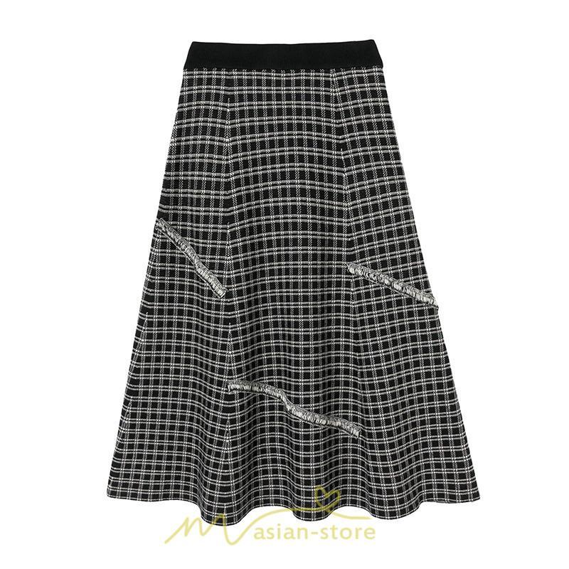 スカート | ロングチェック柄 ニット きれいめ レディース ロング丈 女子会 デート 20代 30代 40代 50代 秋 あったか お出かけ 冬 フレア 高見え 細見え