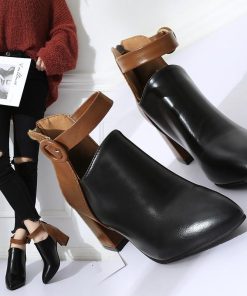 ショートブーツ | 大きいサイズレディース チャンキーヒール ポインテッドトゥ 太ヒール 合皮ブーツ バックファスナー ブーツ 黒ブーツ バイカラー ミドルヒール