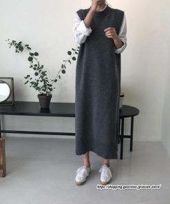 ベスト | ニットベストワンピース ロングレディース ベストワンピース ロングワンピース ニットワンピース ノースリーブ 袖なし サイドスリット入れ 丸首 無地