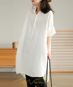 送料無料SALE | ワンピース 夏シャツ レディース 五分袖 シャツワンピース 綿麻 無地 プルオーバー 体型カバー ゆったり 大きめ 夏服 ポケット 30代40代 膝丈 おしゃれ 前後差
