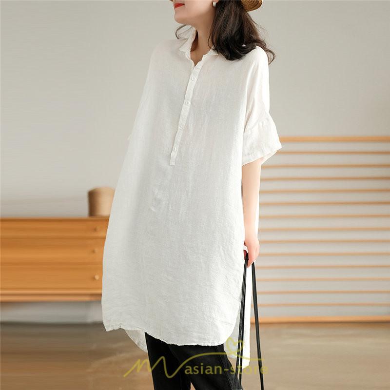 送料無料SALE | ワンピース 夏シャツ レディース 五分袖 シャツワンピース 綿麻 無地 プルオーバー 体型カバー ゆったり 大きめ 夏服 ポケット 30代40代 膝丈 おしゃれ 前後差