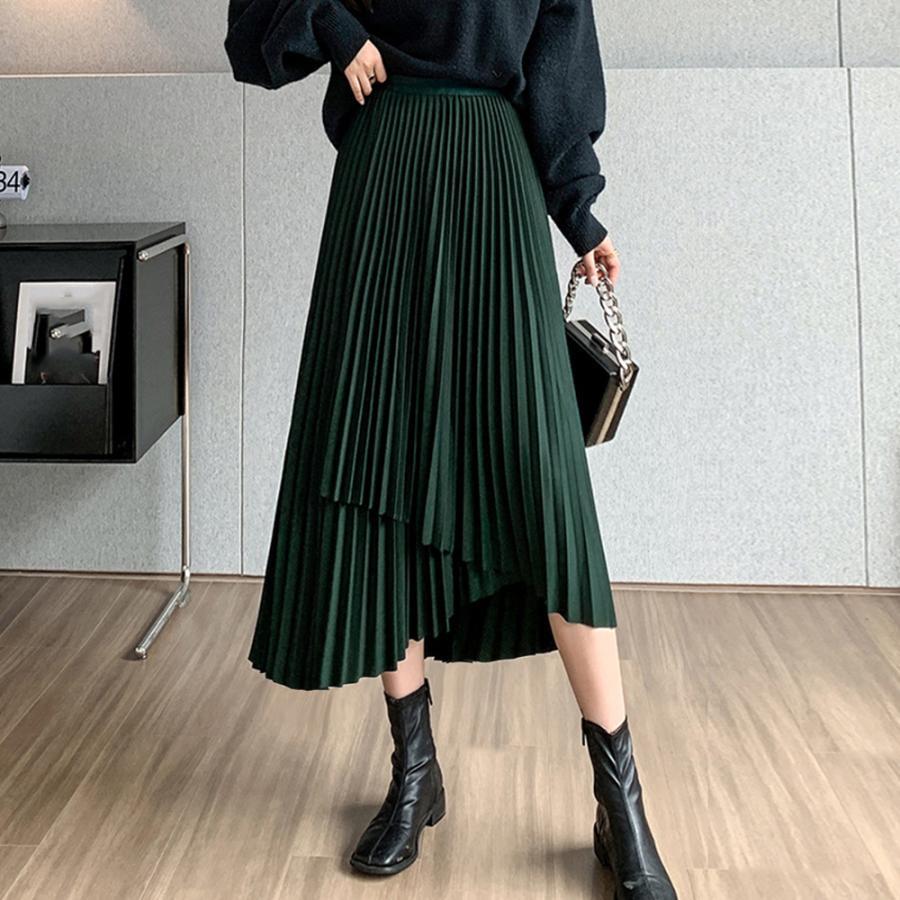 ロングスカート | 不規則裾 プリーツスカート ハイウエスト