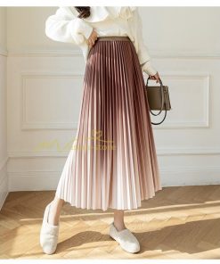 スカート | プリーツロングミモレ丈 グラデーションAラインウエストゴム ハイウエスト 秋冬 無地 ゆったり 大人 通学通勤