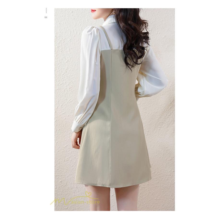 ミニ丈 | 切り替えワンピース 秋 レディース フェイク レイヤード風 ミニワンピース 膝上丈 Aラインワンピース オフィス 可愛い フォーマル エレガント シャツカラー 大人