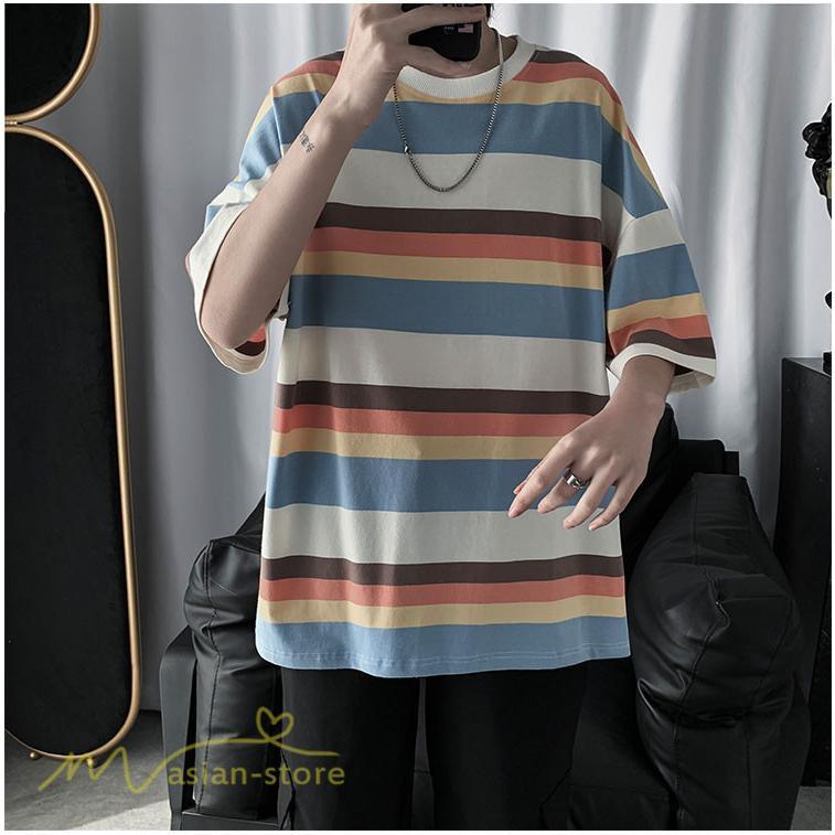 Tシャツ | カットソー メンズ ストライプ カジュアルクルーネック 5分袖 ワイドトップス メンズスタイル カッコウイイ 夏服 上品 日常感
