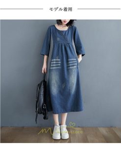 デニムワンピース | ワンピース レディース 夏 ロング丈 春 秋 七分袖 切り替え 大きいサイズ ゆったり 人気 体型カバー 20代30代40代 送料無料 着痩せ