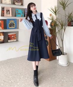 マキシ | Aラインワンピース 切り替えワンピース フェイクレイヤード 重ね着風 長袖 秋物 レディース 30代40代 大人 通学通勤 可愛い シャツカラー 着痩せ 50代