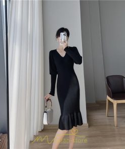 ニットワンピース | ニット ワンピース ロング Vネック ニットワンピ 長袖 ブラック 2022秋冬 ブルー マーメイド フリル セクシー 通勤 おしゃれ キレイめ ミモレ丈 上品