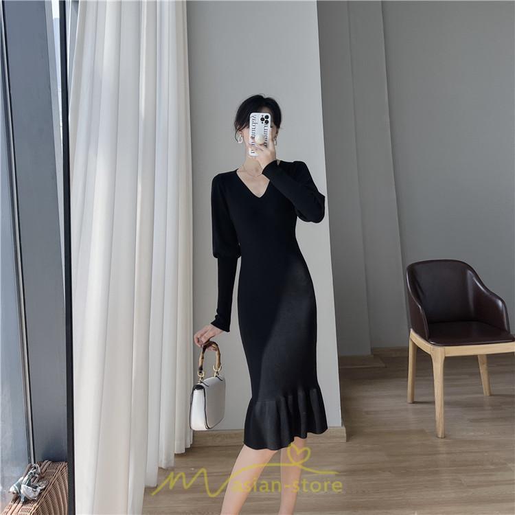 ニットワンピース | ニット ワンピース ロング Vネック ニットワンピ 長袖 ブラック 2022秋冬 ブルー マーメイド フリル セクシー 通勤 おしゃれ キレイめ ミモレ丈 上品