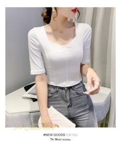 ｔシャツ・カットソー | Tシャツ Tシャツ レディース カットソー 着痩せ 5分袖 着回し 人気 スクエアネック ストレッチ 無地 ショート丈 細身 カジュアルトップス 着痩せ サマー きれい