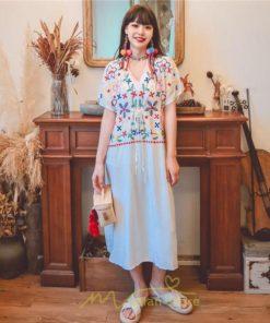 マキシ | ワンピース レディース リゾートワンピ かわいい 半袖 Ｖネック 刺繍 上品 Aライン ロング丈 ロング丈ワンピ エスニック風 結婚式 ファッション 二次会 卒業式
