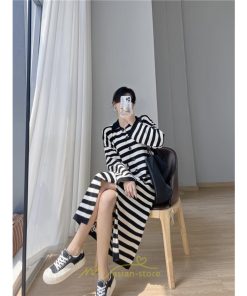 ニットワンピース | ワンピース 秋 秋服 レディース ニット ロングワンピース ロング 長袖 大きいサイズ ゆったり ボーダー柄 スリット お出かけ 部屋着 休日 韓国風 カジュアル