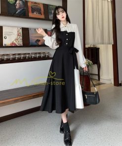 マキシ | ロングワンピース 秋物 レディース ミモレ丈 Aラインワンピース 切り替え フェイク レイヤード風 リボン付き 着やせ 重ね着風 30代40代 お呼ばれワンピース